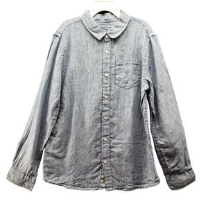 Monoprix Teens Boys Size 10 100% Linen Button Up Shirt Long Sleeve Blue Stripe